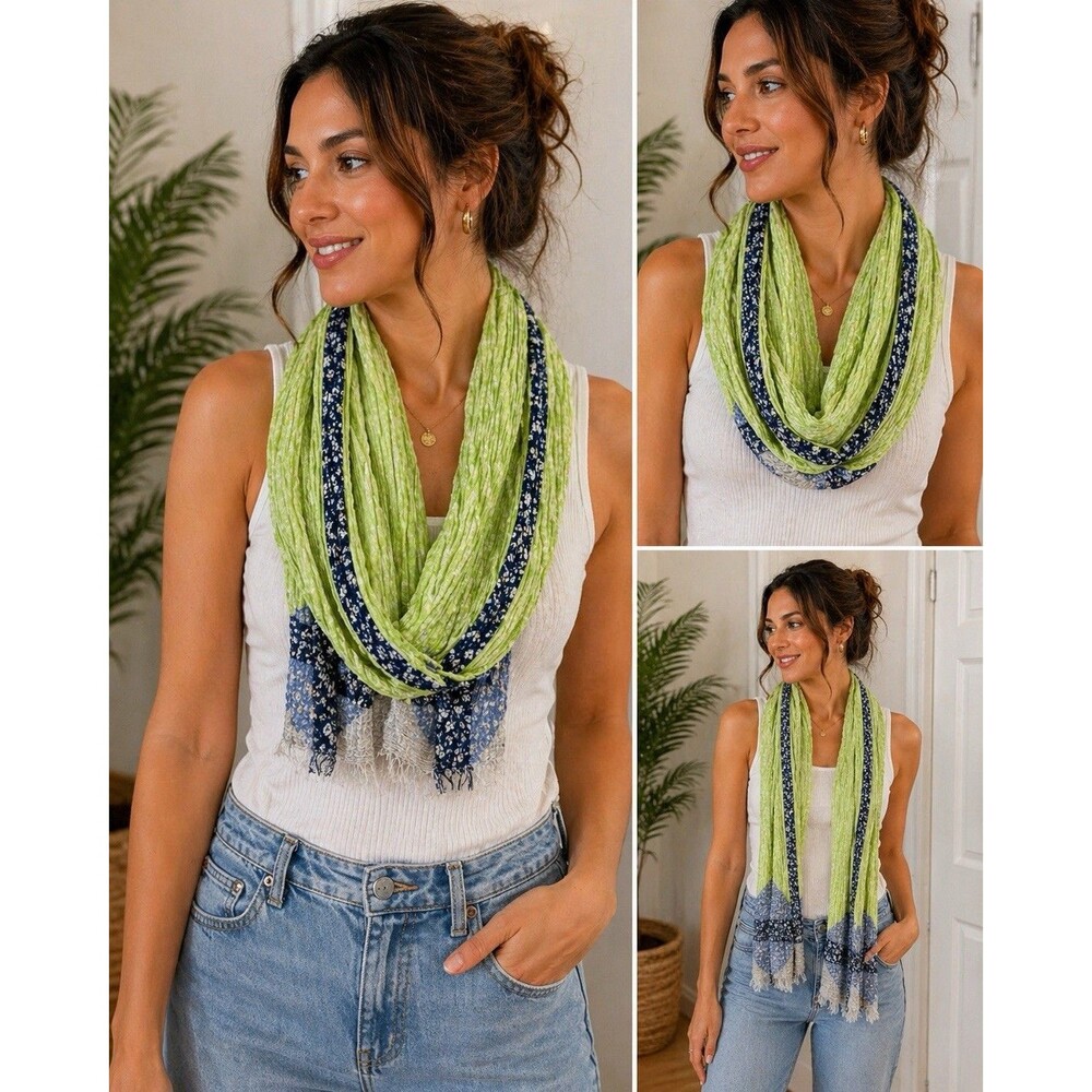 Lime Green Blue Crinkle Infinity Scarf Lightweight Loop Neck Scarf Fringe